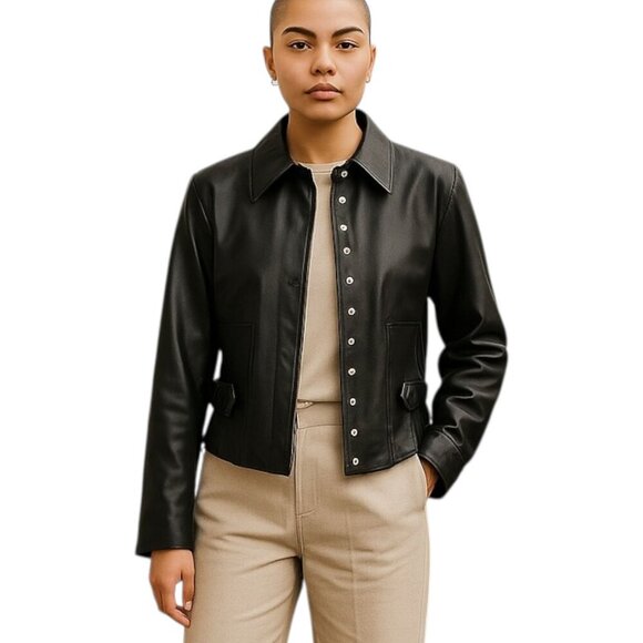 WORTH Classic Moto Leather Jacket Snap Front Knit Sides Flared Sleeve Size 10 - Picture 1 of 9